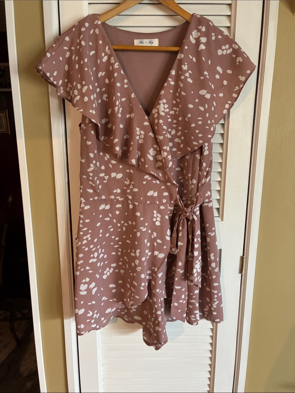 Mauve Floral Wrap Romper with Ruffle Collar